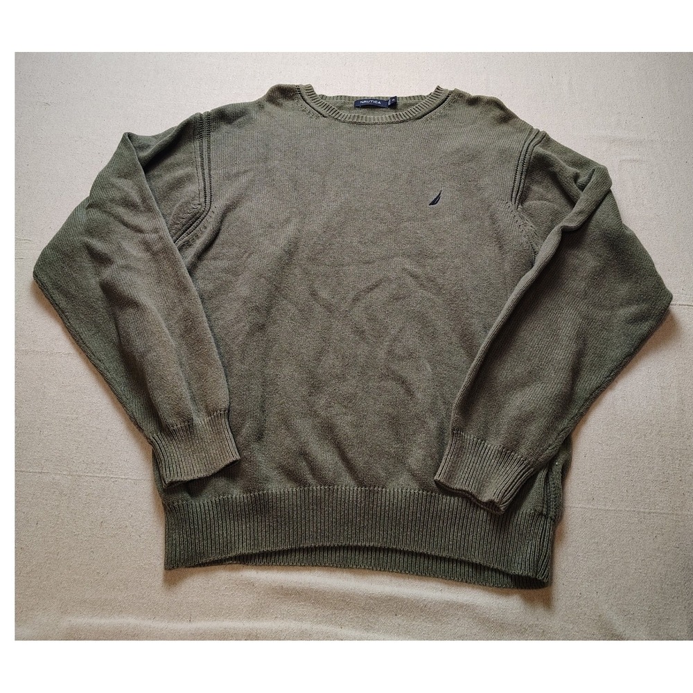 Nautica Mens Crewneck Sweater Olive Green 100% Cotton Knit Pullover XL Logo‎